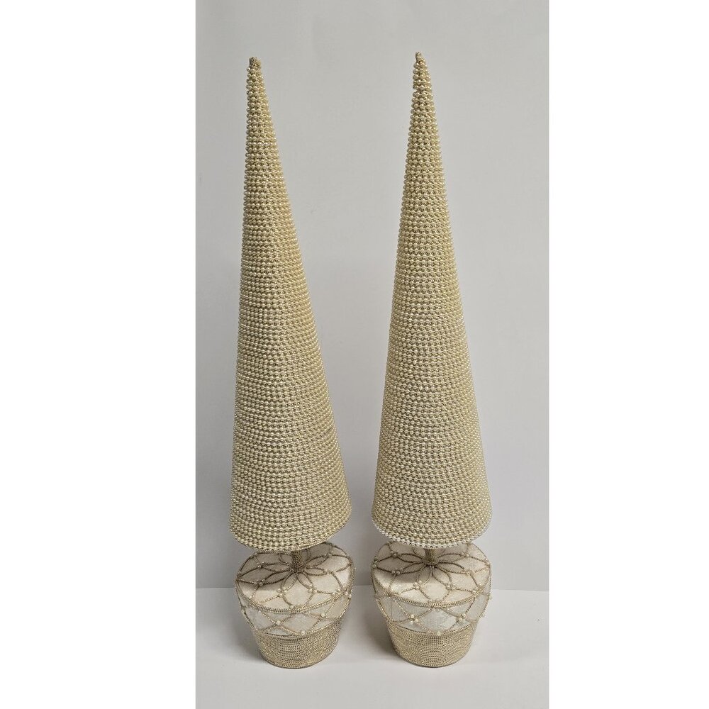 24 inch tall Pair of pearl decorated trees - tabletop Christmas décor